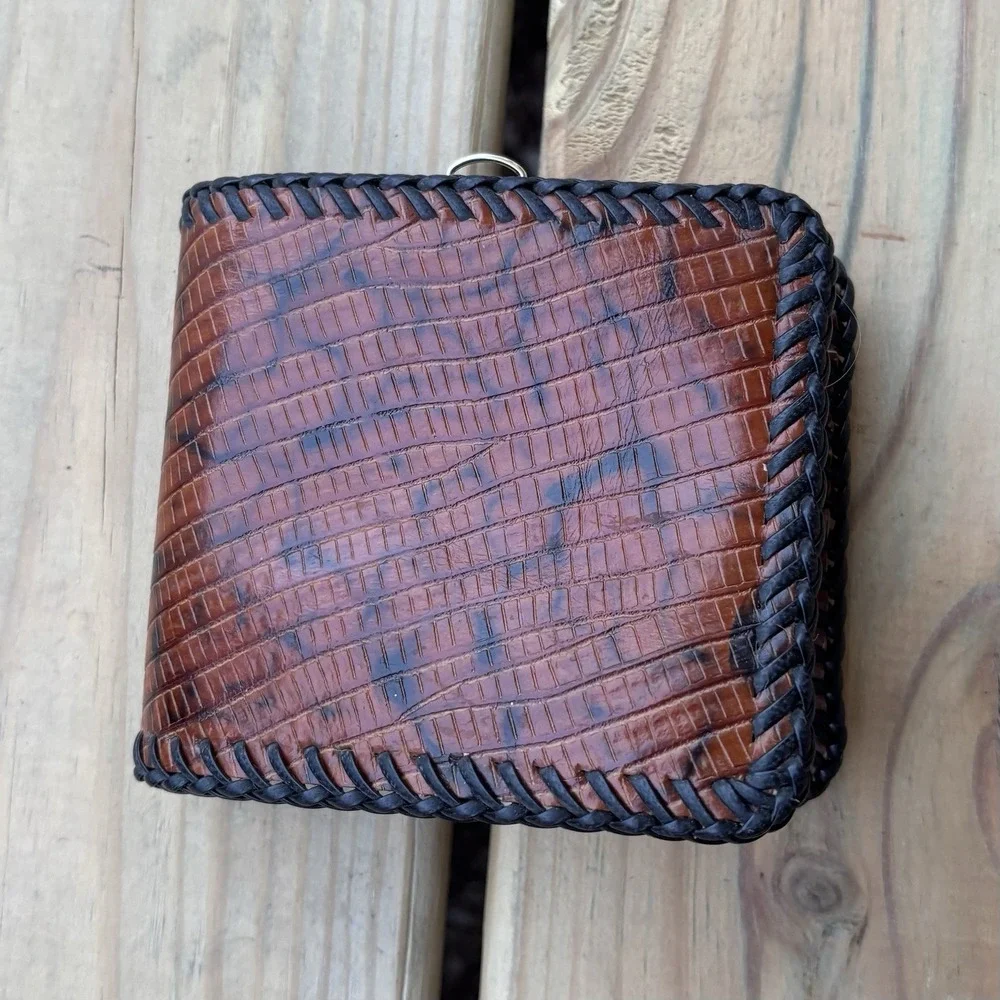 Vintage Bifold Leather Wallet Hand Tooled Western Cowboy Marbled Whipstitch